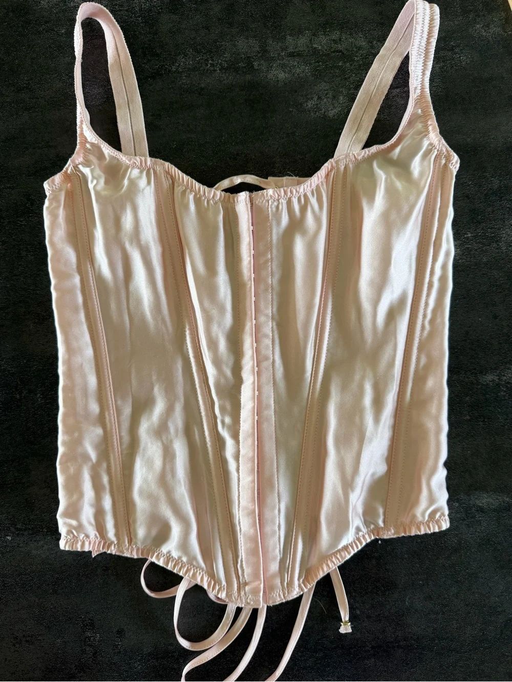 Victoria’s Secret Pink Satin Corset Bustier Top Lace Up Coquette S